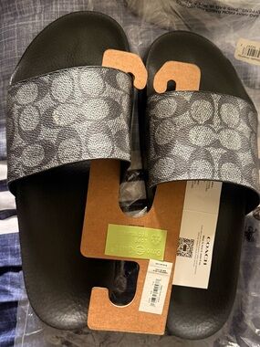 Coach Black Logo-Textured Slide Sandals